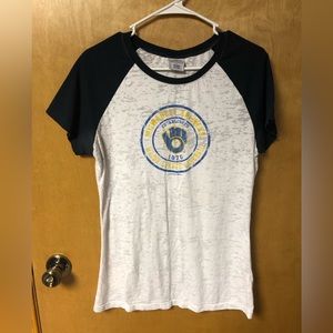Women's White and Navy Raglan Tee with Vintage Logo